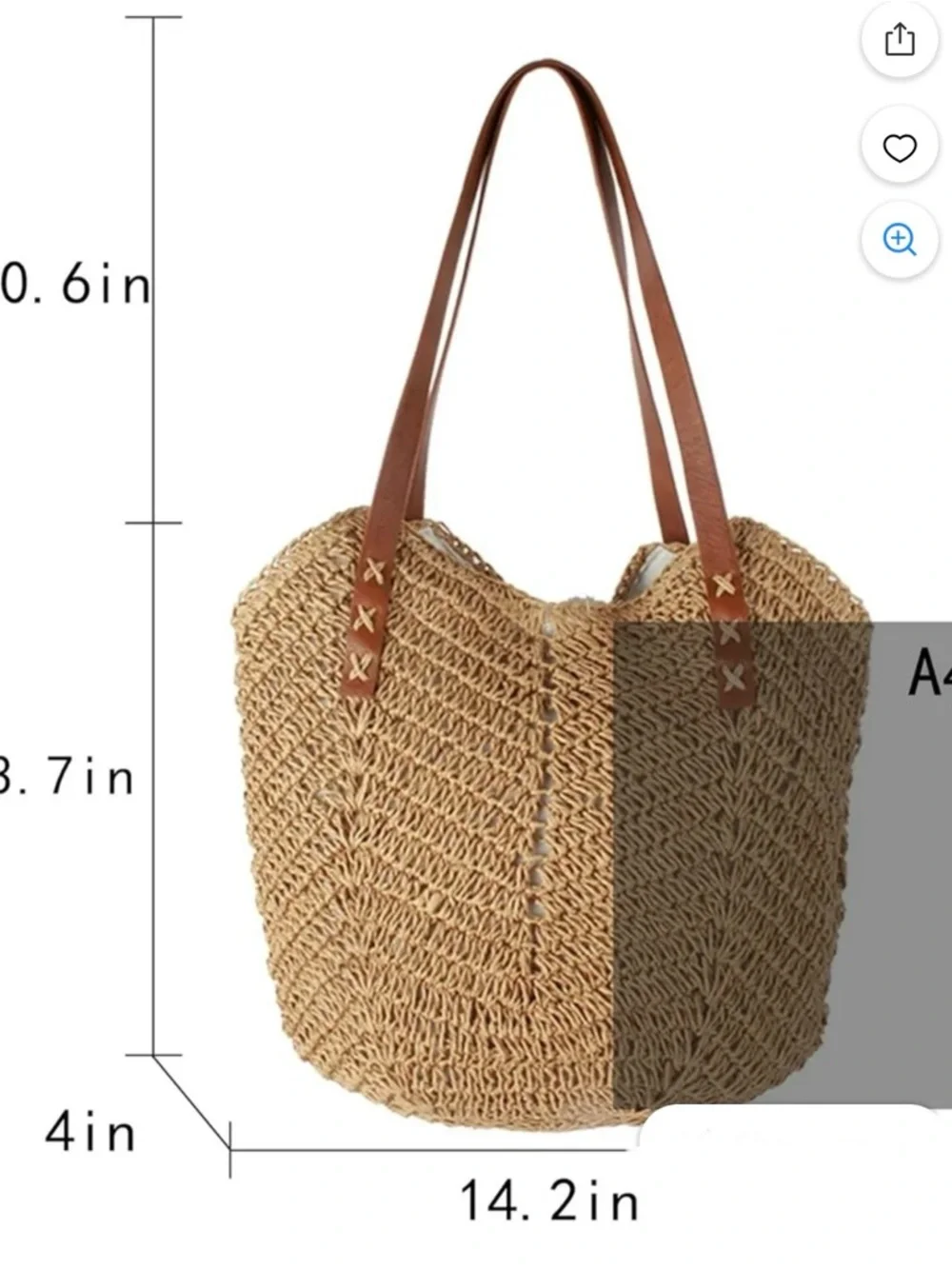 LinYooLi Woven Straw Crochet‎ Cream & Brown Faux Leather Straps Boho Tote Bag